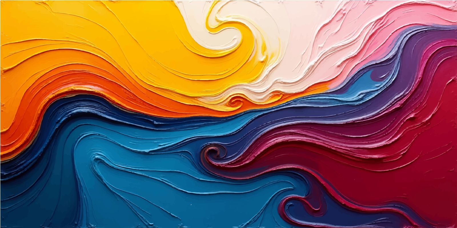 Acrylic painting fluid blue waves and rainbow curves.
