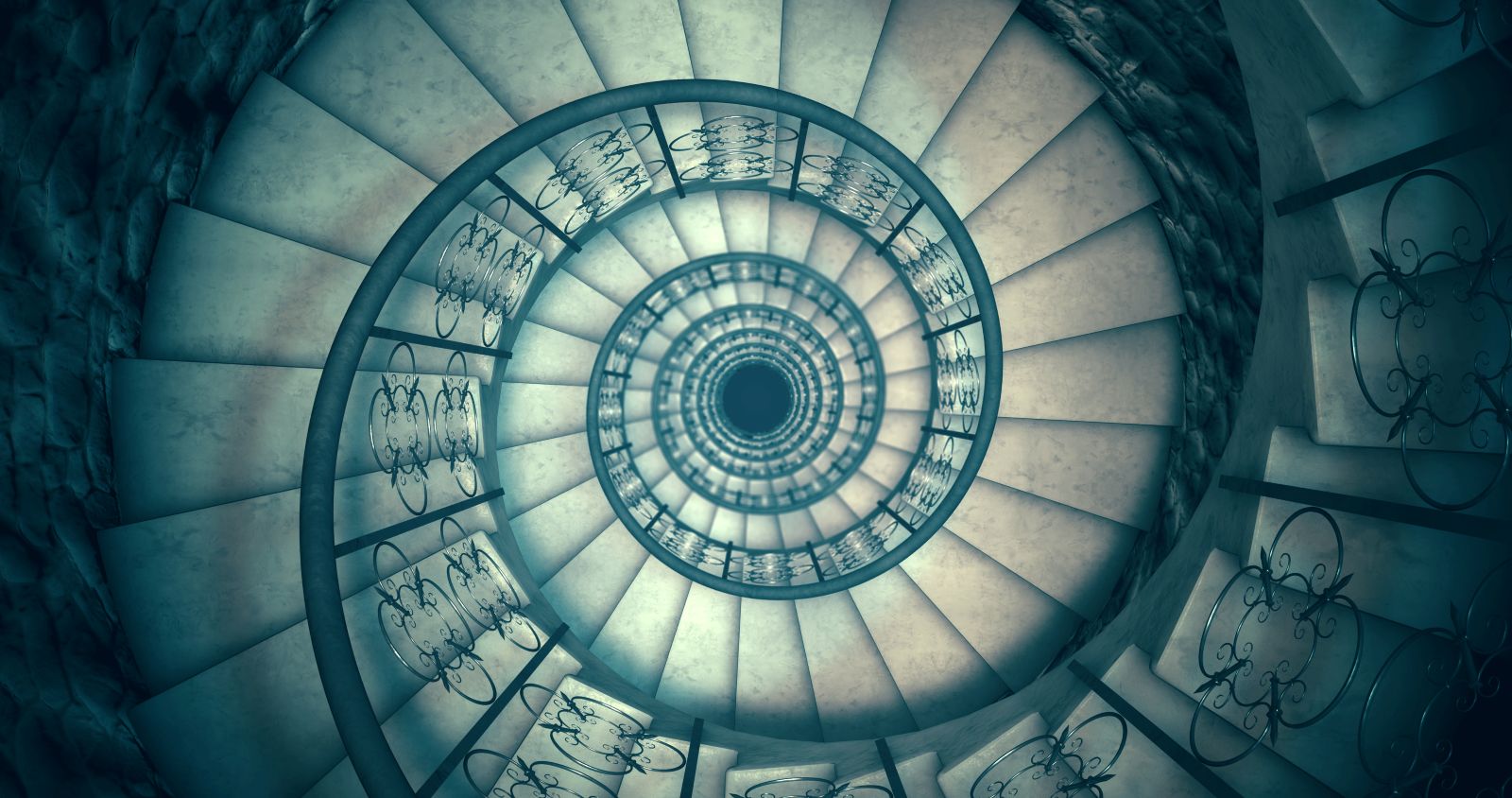 Endless old spiral staircase. 3D render.