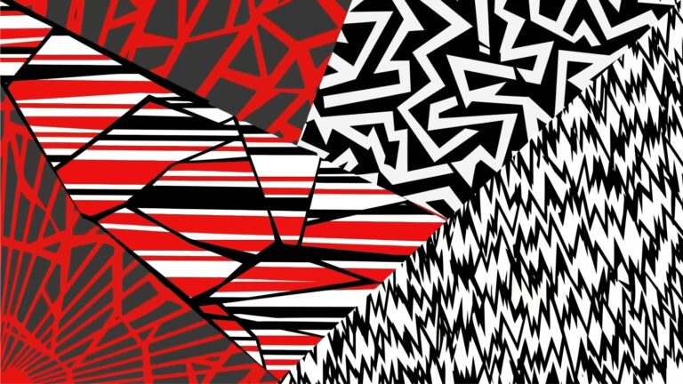 Geometric background work patterns in red, white, and black hues