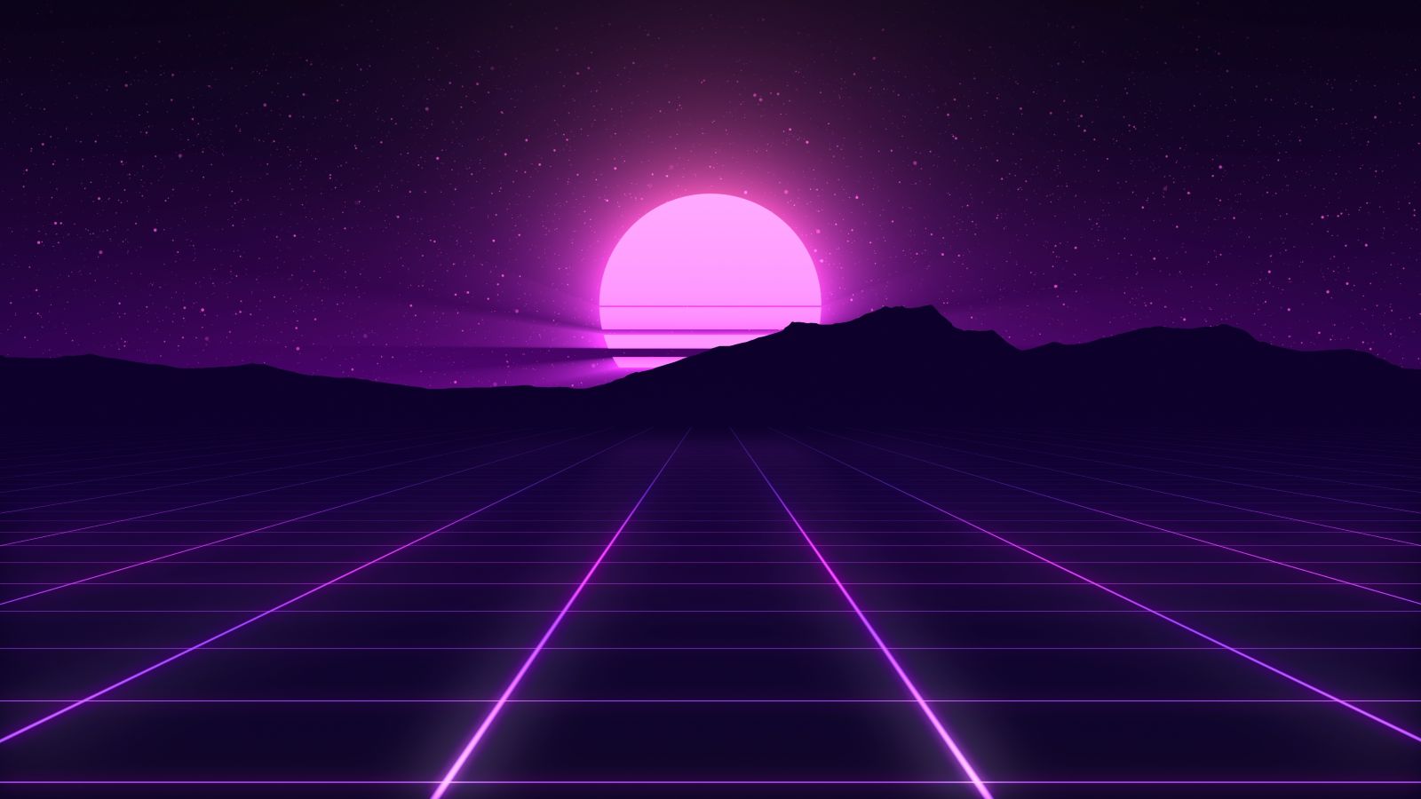 Retro 1980s scene grid landscape with purple sun setting behind mountains.